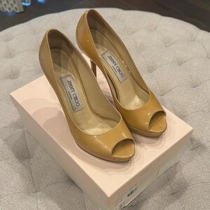 Jimmy Choo Nude Patent Peep Toe Heels